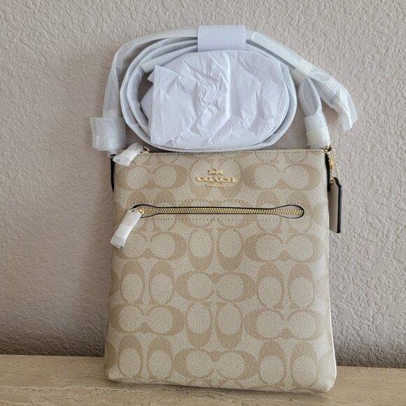 COACH Signature Mini Rowan Canvas Light Khaki and Chalk File Crossbody Bag, NWT - Picture 4 of 6